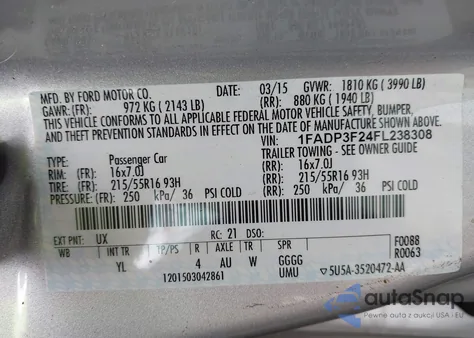 2015 Ford Focus Se from USA, damaged, VIN 1FADP3F24FL238308